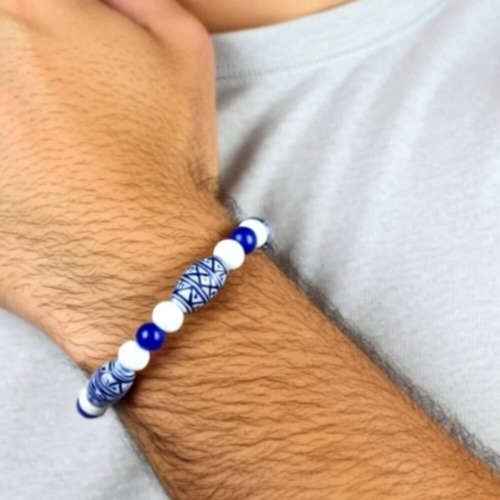 Vintage Blue & White Porcelain Beaded Stretch Bracelet (MJW024)